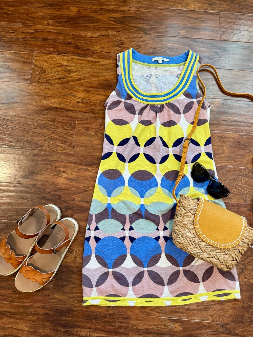 Boden Blue & Yellow Geometric Print Knit Sleeveless Shirt Dress Size 4